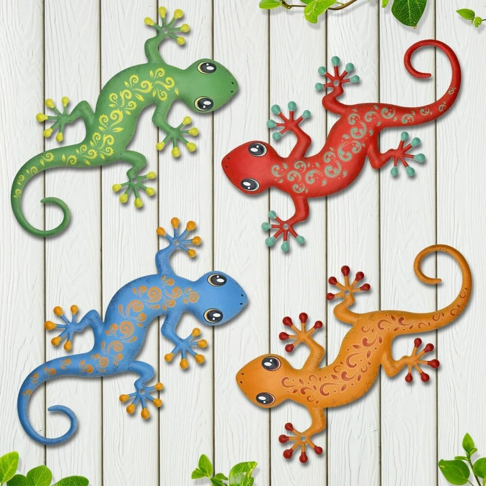 4 Metal Gecko Wall‎ Decorations for Outdoor or Indoor Very Colorful Gecko's